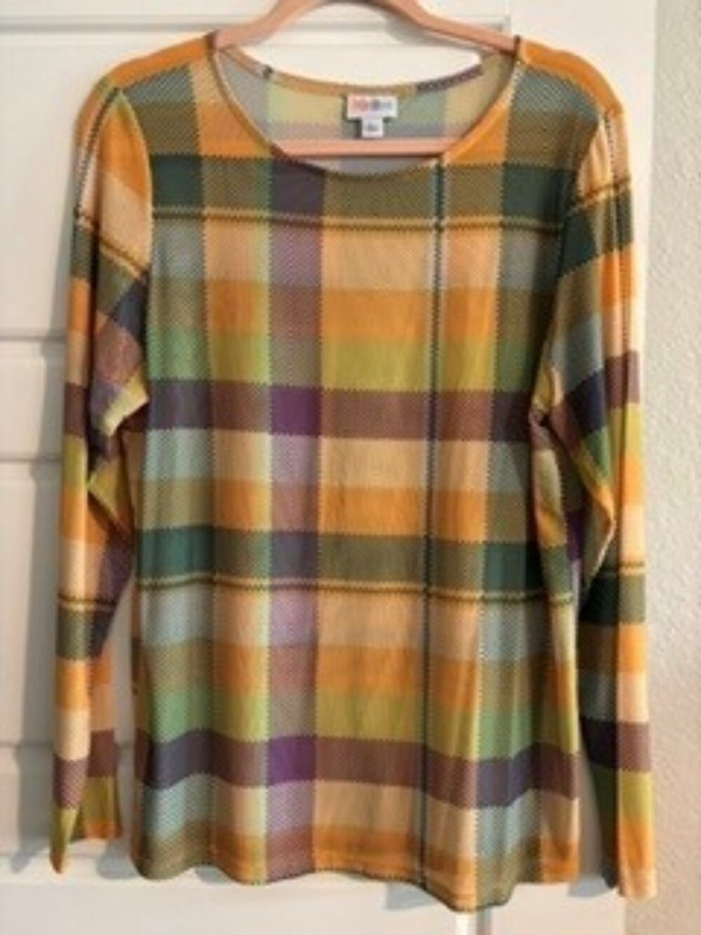 LuLaRoe May Mardi Gras Plaid Long Sleeve Top